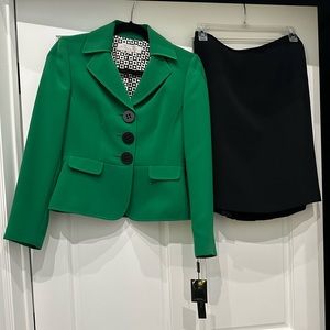 Beautiful Tahari Suit, Green Jacket with Black Buttons and Black Skirt